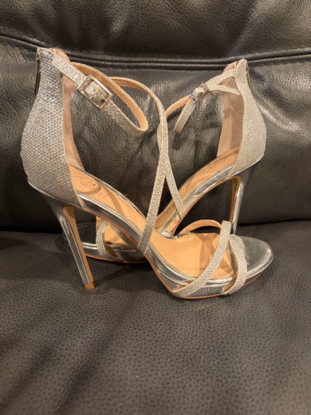 Jewel Badgley Mischka Silver Glitter Strappy Stiletto Heels